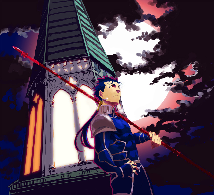 blue_hair cloud clouds fate/stay_night fate_(series) full_moon gae_bolg hali hand_on_hip hips lancer long_hair male moon night night_sky polearm ponytail red_eyes red_hair redhead serious sky solo spear standing type-moon weapon