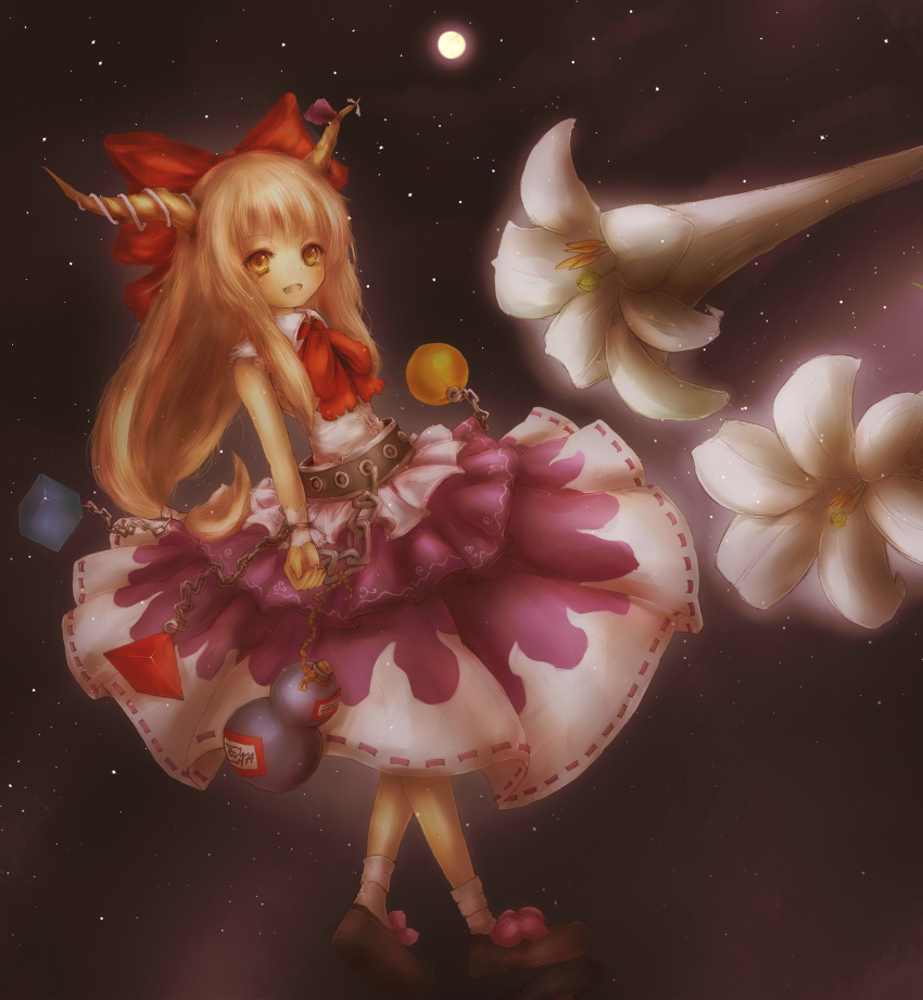 amanojaku bad_id belt blonde_hair bottle bow chain chains dress dutch_angle flower full_moon gourd hair_bow highres horn_ribbon horns ibuki_suika lily_(flower) moon night orange_hair pink_dress ponytail ribbon sake skirt sleeveless sleeveless_shirt smile solo standing star_(sky) touhou yellow_eyes