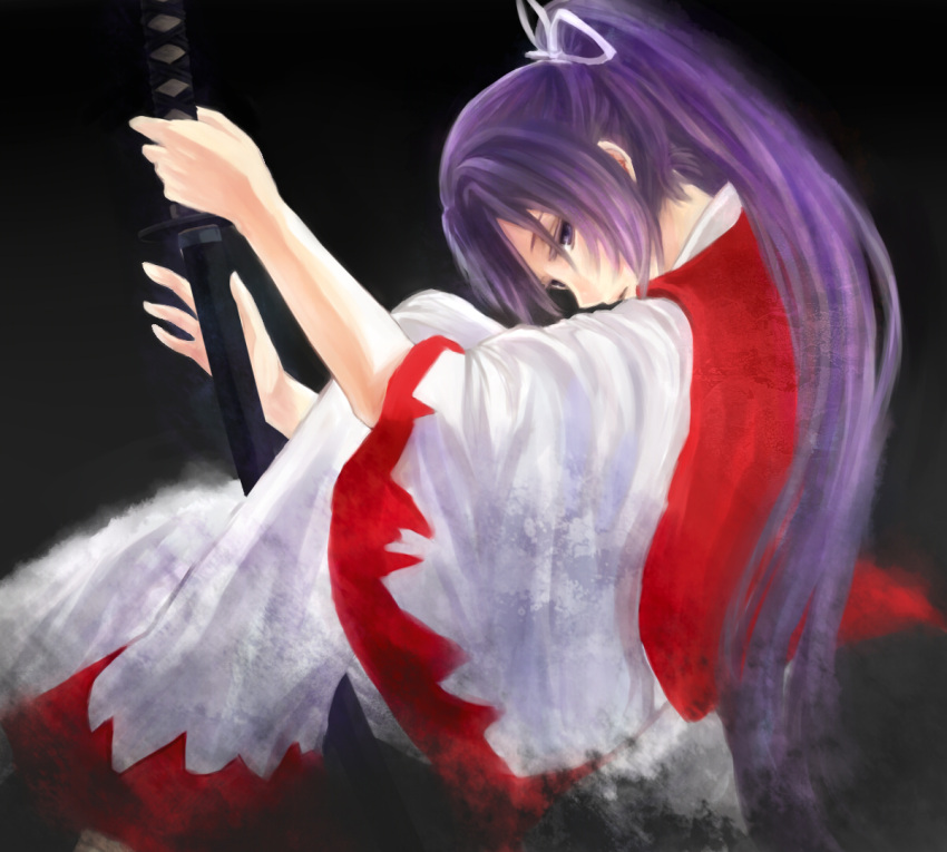 bow bust hair_bow hakama japanese_clothes kataginu katana kimono kotaro-nosuke long_hair looking_back meira ponytail purple_eyes purple_hair samurai scabbard sheath sheathed solo sword touhou touhou_(pc-98) very_long_hair violet_eyes weapon