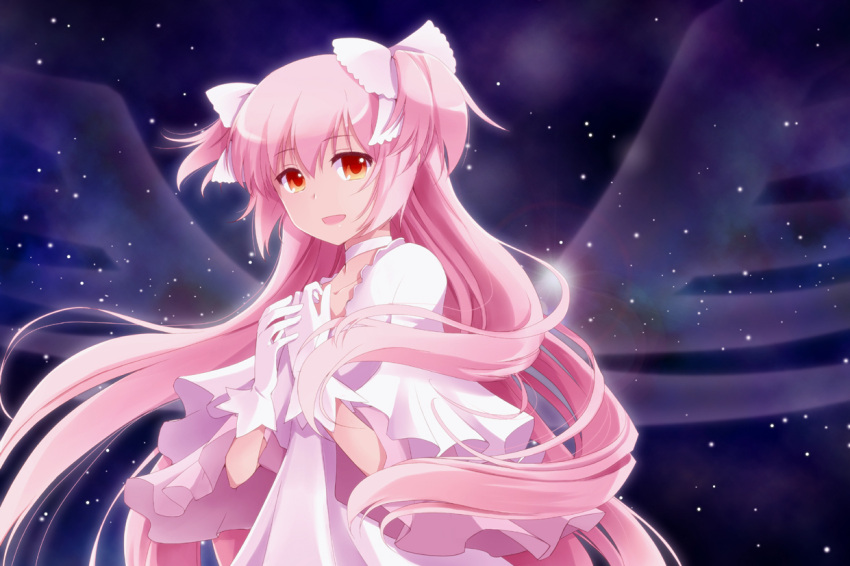 alternate_costume alternate_hairstyle blonde_hair bow bust gloves goddess_madoka hair_bow hands_on_own_chest hands_to_chest kaname_madoka light_smile long_hair magical_girl mahou_shoujo_madoka_magica open_mouth orange_eyes pink_hair red_eyes smile solo space spoilers sun_trial transparent twintails ultimate_madoka very_long_hair white_gloves wings
