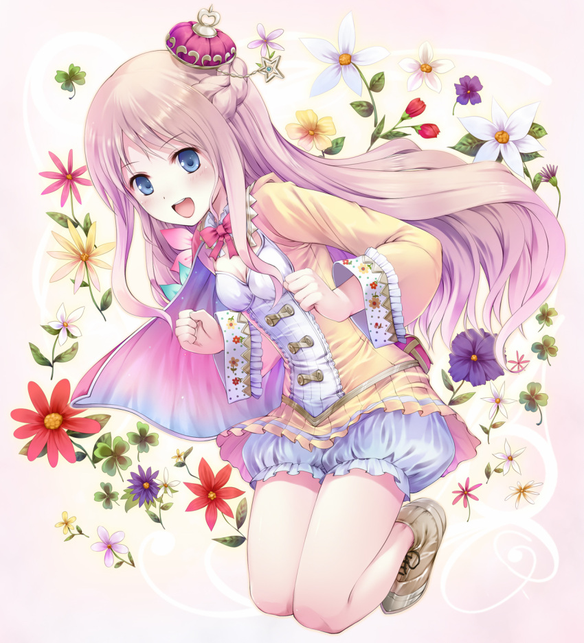 :d akiakane0 akyorapenyo atelier atelier_(series) atelier_meruru bloomers blue_eyes blush bow braid brown_hair clenched_hands coat crown dress floral_background flower gust hands happy highres kneeling long_hair merurulince_rede_arls open_mouth ribbon shoes skirt smile solo white_corsage yellow_dress yellow_shirt