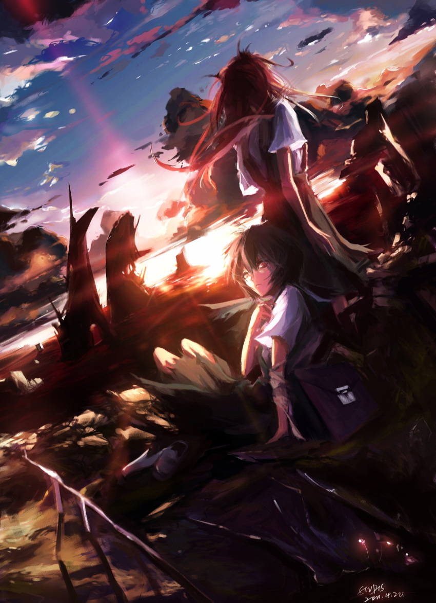 ayanami_rei bag dutch_angle highres horizon long_hair multiple_girls neon_genesis_evangelion red_eyes red_hair redhead ruins school_bag school_uniform short_hair sitting sky soryu_asuka_langley souryuu_asuka_langley standing stu_dts sunset