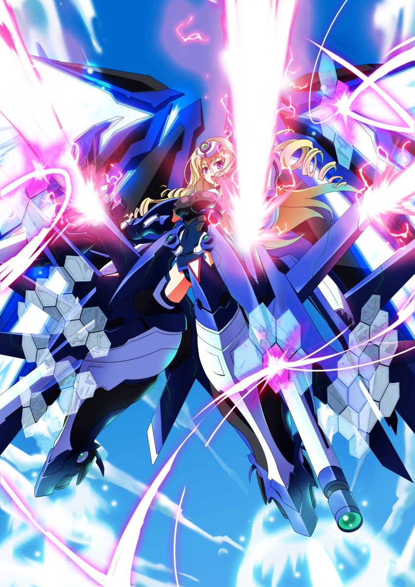 absurdres beam_rifle blonde_hair blue_eyes blue_sky blue_tears bodysuit breasts cecilia_alcott drill_hair energy_beam erect_nipples gun highres infinite_stratos inoue_takumi_(doubt) is_vs_of large_breasts long_hair mecha_musume open_mouth orbital_frame pilot_suit sky solo twin_drills weapon