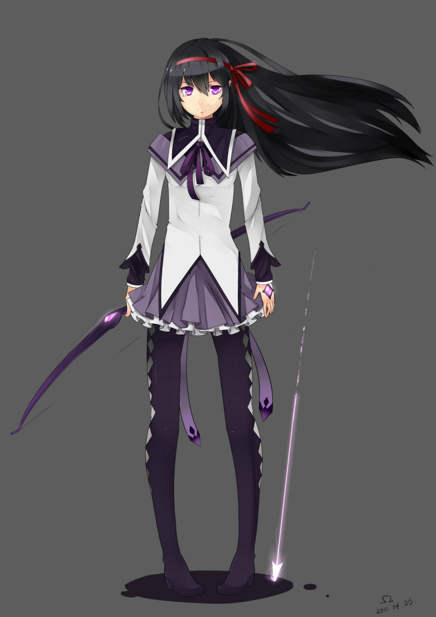 akemi_homura arrow bad_id black_hair black_legwear book bow_(weapon) floating_hair highres long_hair magical_girl mahou_shoujo_madoka_magica omega_(endsunrise) pantyhose purple_eyes ribbon simple_background solo spoilers standing violet_eyes weapon