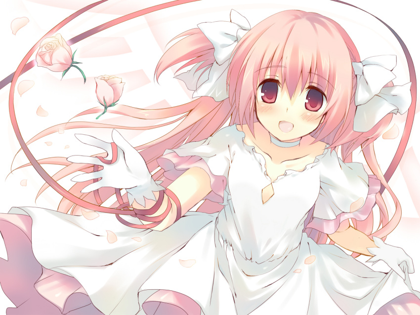 alternate_costume alternate_hairstyle bow dress flower gloves goddess_madoka hair_bow highres kaname_madoka kinoko long_hair magical_girl mahou_shoujo_madoka_magica petals pink_eyes pink_hair pink_rose ribbon rose smile solo spoilers twintails ultimate_madoka white_dress white_gloves