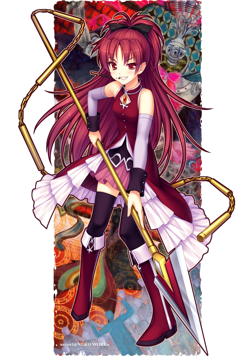 absurdres bad_id bare_shoulders black_legwear boots chain chains detached_sleeves duplicate foreshortening grin highres long_hair magical_girl mahou_shoujo_madoka_magica oktavia_von_seckendorff pocky polearm ponytail red_eyes red_hair redhead sakura_kyouko sayori smile solo spear thigh-highs thighhighs weapon witch's_labyrinth witch's_labyrinth zettai_ryouiki
