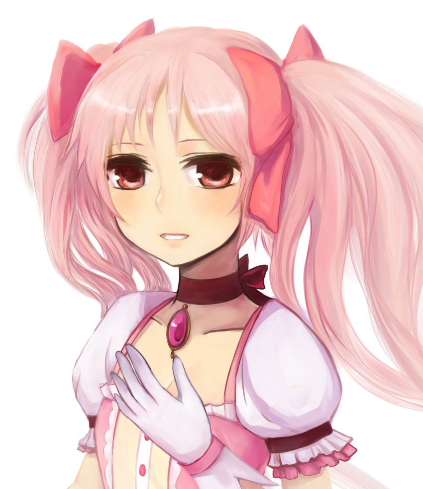 face gloves highres kaname_madoka light_smile long_hair mahou_shoujo_madoka_magica moekyon pink_eyes pink_hair portrait puffy_sleeves simple_background twintails white_gloves