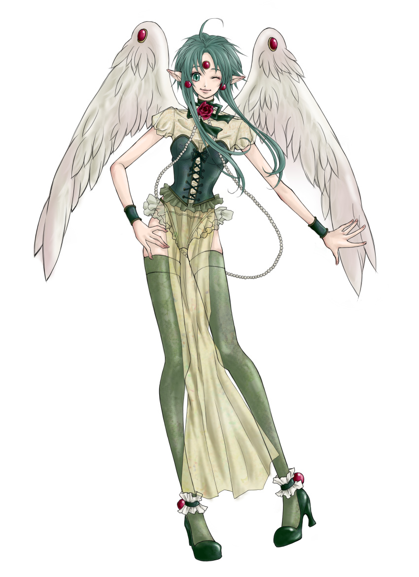 absurdres ahoge angel_wings ankle_cuffs bow choker earrings finn_fish flower frills green_hair green_legwear high_heels highres jewelry kamikaze_kaitou_jeanne payot pointy_ears red_rose ribbon rio218 rose see-through shoes short_hair solo thigh-highs thighhighs wings wrist_cuffs