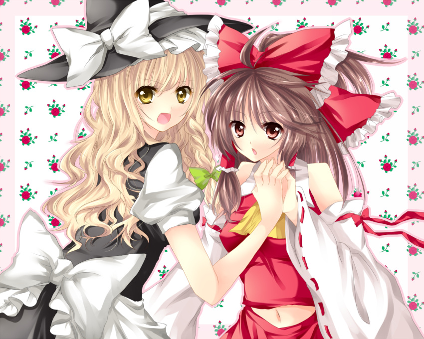blonde_hair bow braid brown_hair detached_sleeves floral_background flower hair_bow hair_tubes hakurei_reimu hand_holding hat hiru0130 holding_hands kirisame_marisa looking_at_viewer midriff miko multiple_girls navel necktie open_mouth ribbon smile touhou witch witch_hat