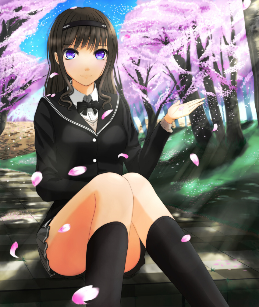 1girl amagami black_hair black_legwear cherry eyes food footwear fruit hairband highres inari_(ambercrown) light_smile morishima_haruka petals purple_eyes school_uniform sitting socks solo sunlight violet_eyes