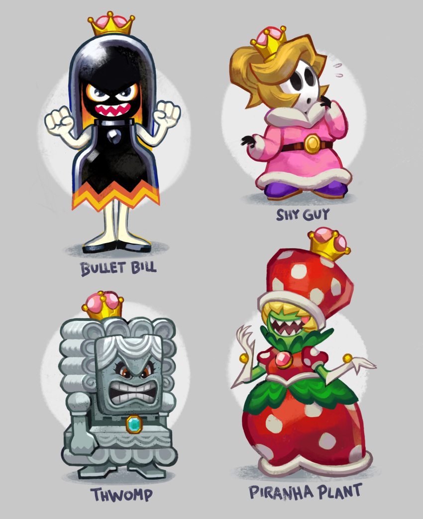 4girls ballooncar black_skin blush_stickers bullet_bill character_name clenched_hands clenched_teeth dress elbow_gloves finger_to_mouth flying_sweatdrops fur_trim gem gloves green_skin grey_background grey_skin hair_over_eyes highres super_mario_bros. mask multiple_girls new_super_mario_bros._u_deluxe nintendo piranha_plant puffy_short_sleeves puffy_sleeves sharp_teeth short_sleeves shy_guy simple_background smile super_crown teeth thwomp