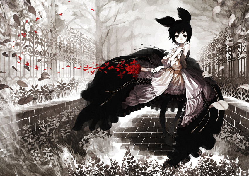 black_hair bouquet brick_wall covering dress fence flower flowers gown highres leaf monochrome narumi_arata original petals short_hair solo spot_color tassel tree twintails wind wings