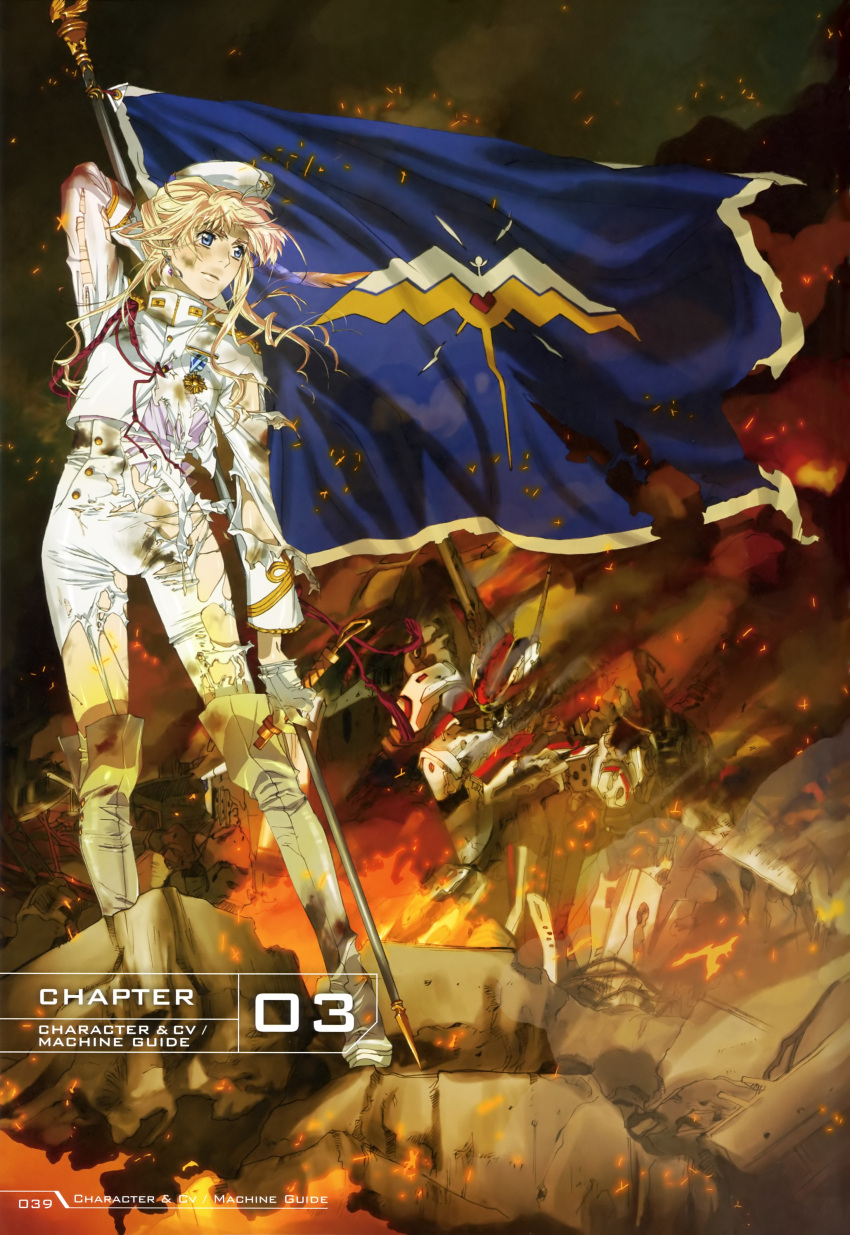 battle birdhuman blonde_hair blue_eyes boots damaged epic fire flag gloves hat highres long_hair macross macross_frontier macross_frontier:_sayonara_no_tsubasa mayan mecha microphone military military_uniform official_art pink_hair poster protoculture scan sheryl_nome thigh_boots thighhighs torn_clothes uniform vf-25