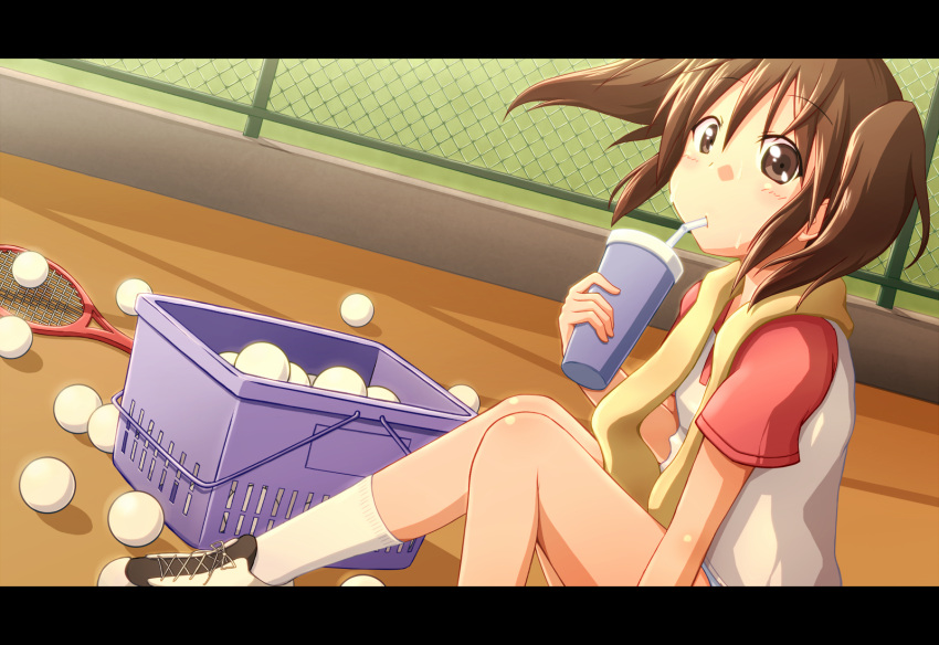 ball brown_eyes brown_hair drink drinking highres racket sawanatsu_kotone shoes sitting sneakers softenni sofuteni solo sportswear straw sweat takamine_(smdx) tennis_ball tennis_racket tennis_uniform towel twintails