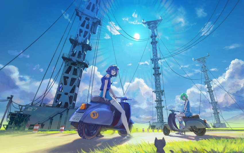 arm_support arsenixc bare_shoulders bob_cut cable cat cloud clouds crossover eureka eureka_7 eureka_seven eureka_seven_(series) fisheye from_ground goggles goggles_on_head grass green_hair highres isle_of_winds motor_vehicle multiple_girls off_shoulder purple_eyes purple_hair road sandals scenery scooter shadow short_hair sky structure sun sunbeam sunlight vehicle vespa violet_eyes wallpaper white_legwear yumi_(isle_of_winds)