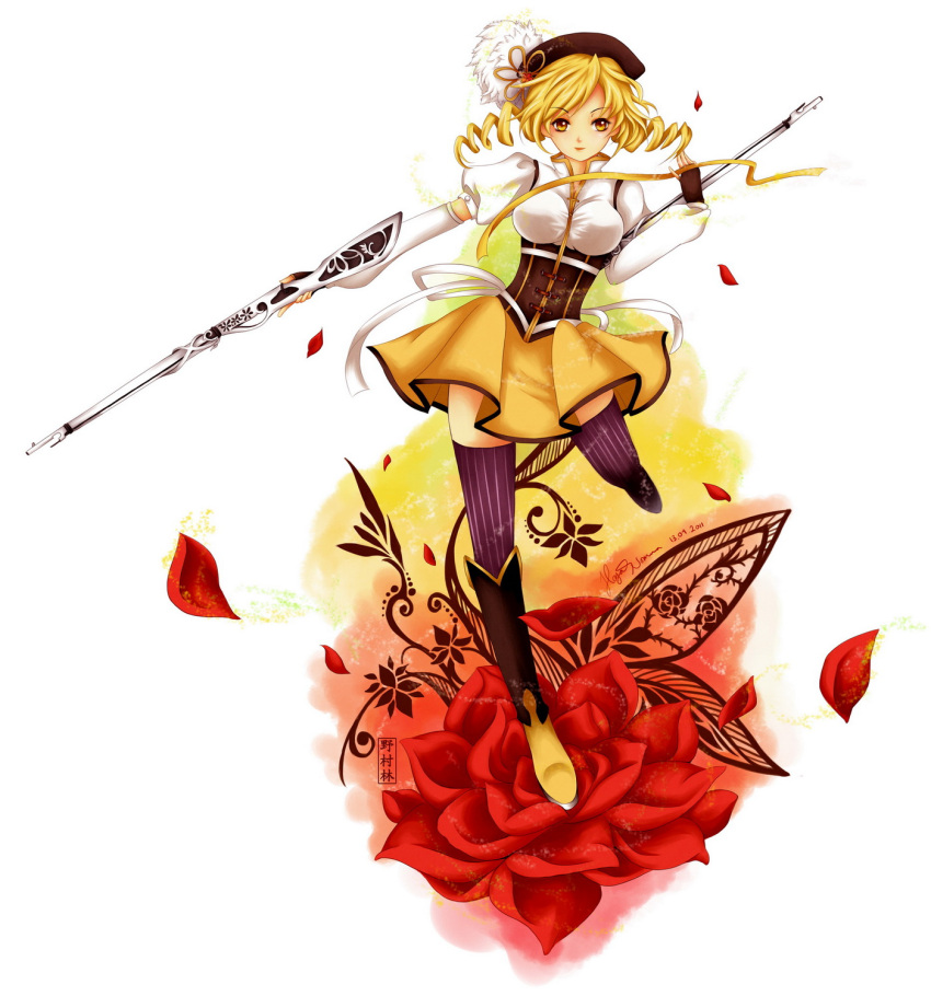 blonde_hair boots brown_legwear corset detached_sleeves drill_hair fingerless_gloves flower gloves gun hair_ornament hairpin hat hayashinomura highres magical_girl magical_musket mahou_shoujo_madoka_magica outstretched_arm petals pleated_skirt puffy_sleeves red_rose ribbon rifle rose signature skirt thigh-highs thighhighs tomoe_mami twin_drills vertical-striped_legwear vertical_stripes weapon white_background yellow_eyes zettai_ryouiki