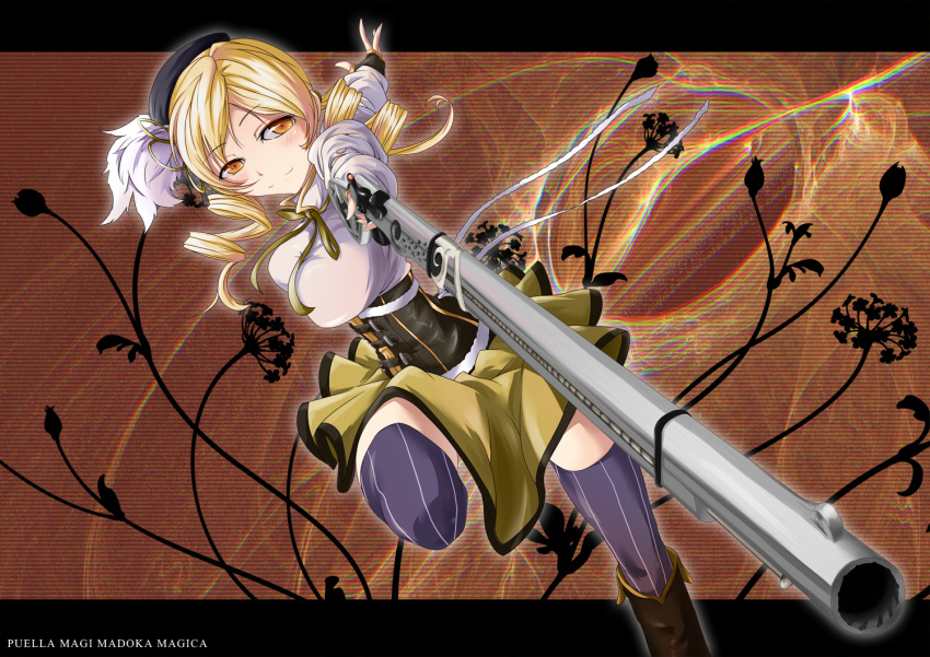 bad_id beret blonde_hair blush boots breasts brown_legwear corset detached_sleeves drill_hair fingerless_gloves foreshortening gloves gun hair_ornament hairpin hat leg_up letterboxed long_hair magical_girl magical_musket mahou_shoujo_madoka_magica musket perspective pleated_skirt puffy_sleeves ribbon rifle s040784 scanlines skirt smile solo thigh-highs thighhighs tomoe_mami twin_drills twintails vertical-striped_legwear vertical_stripes weapon yellow_eyes zettai_ryouiki