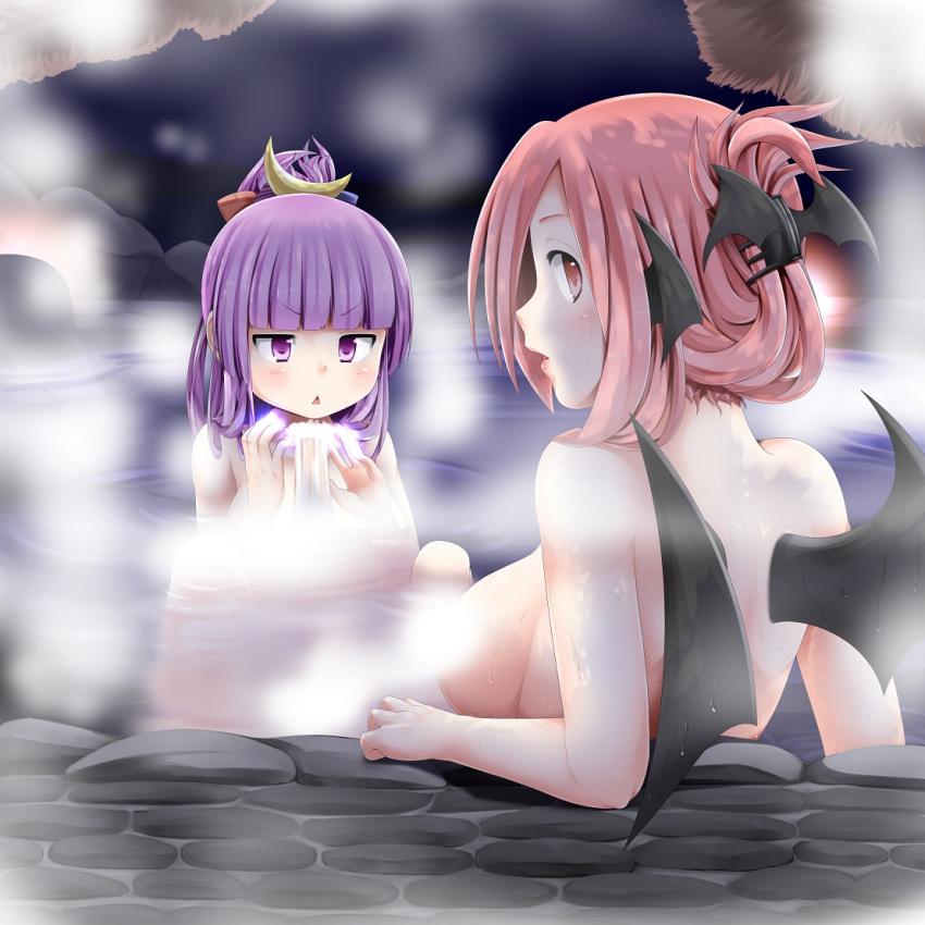:&lt; alternate_hairstyle bangs bat_wings blunt_bangs blush breast_envy breasts censored convenient_bath_steam convenient_censoring crescent demon_wings hair_up head_wings koakuma large_breasts long_hair magic miki_plus miki_purasu multiple_girls nude onsen open_mouth outdoors patchouli_knowledge purple_eyes purple_hair red_eyes red_hair redhead sideboob sitting sponge steam submerged the_embodiment_of_scarlet_devil touhou violet_eyes waterspout wings