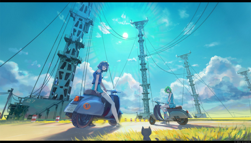 arm_support arsenixc bare_shoulders bob_cut cable cat cloud clouds crossover eureka eureka_7 eureka_seven eureka_seven_(series) fisheye from_ground goggles goggles_on_head grass green_hair isle_of_winds letterboxed motor_vehicle multiple_girls off_shoulder purple_hair road sandals scenery scooter shadow short_hair sky structure sun sunbeam sunlight vehicle vespa white_legwear yumi_(isle_of_winds)