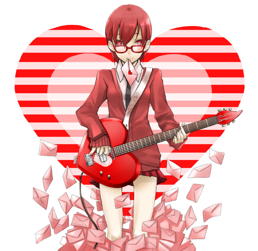 blazer electric_guitar envelope glasses guitar heart instrument letter light_smile long_sleeves love_letter mouth_hold necktie nitto original pleated_skirt red red-framed_glasses red_eyes red_hair redhead school_uniform shiro_(nitto) short_hair skirt sleeves_past_wrists solo
