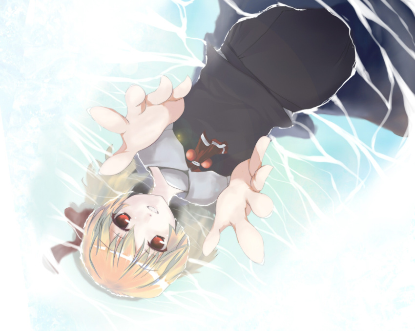beegle blonde_hair dress dutch_angle foreshortening hair_ribbon hands light_smile lying outstretched_hand red_eyes ribbon rumia short_hair solo submerged the_embodiment_of_scarlet_devil touhou water youkai