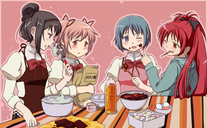 akemi_homura alternate_hairstyle apron artist_request bag bagoflimbs baking black_hair blue_eyes blue_hair blush bottle bowl chocolate cooking cream egg food food_on_face grin hair_bun hair_ornament hair_up hairband hairclip hornhell kaname_madoka long_hair mahou_shoujo_madoka_magica miki_sayaka multiple_girls official_style pink_eyes pink_hair pocky ponytail purple_eyes red_eyes sakura_kyouko school_uniform short_hair sleeves_rolled_up smile twintails violet_eyes wink