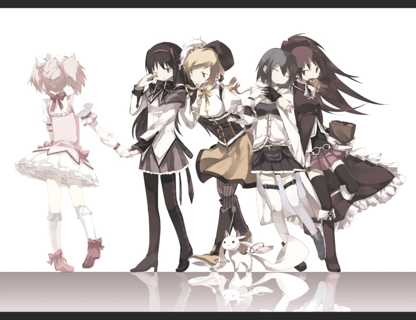 akemi_homura black_hair blonde_hair blue_hair boots ciel_arc hand_holding holding_hands kaname_madoka kyubey letterboxed long_hair magical_girl mahou_shoujo_madoka_magica miki_sayaka mouth_hold multiple_girls pink_hair ponytail red_hair redhead sakura_kyouko short_hair skirt smile tears thigh-highs thigh_boots thighhighs tomoe_mami twintails