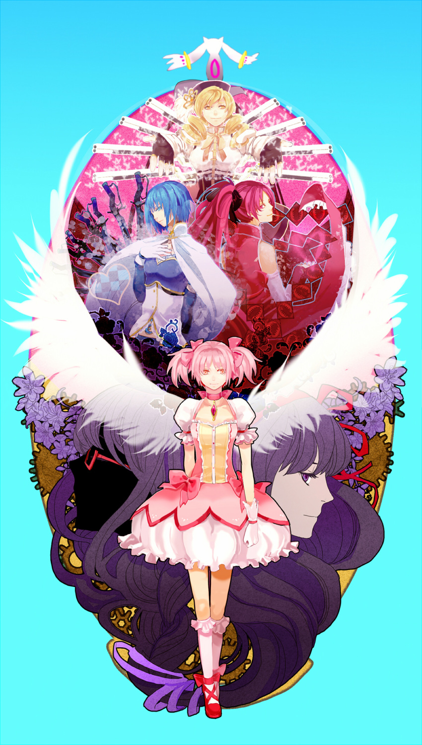 akemi_homura beret black_hair blonde_hair blue_eyes blue_hair blue_rose braid butterfly cape choker detached_sleeves drill_hair everyone finger_to_mouth fingerless_gloves flower gears gloves gun hair_ornament hairpin hand_on_own_chest hand_to_chest hat heart highres kaname_madoka kyubey lily_(flower) long_hair magical_girl magical_musket mahou_shoujo_madoka_magica miki_sayaka multiple_girls orange_eyes outstretched_arms outstretched_hand pink_eyes pink_hair ponytail puffy_sleeves purple_eyes ribbon rifle rose sakura_kyouko shoes short_hair simple_background smile sword tomoe_mami twin_drills twintails violet_eyes weapon white_gloves wings wings_(tsubasawings) yellow_eyes