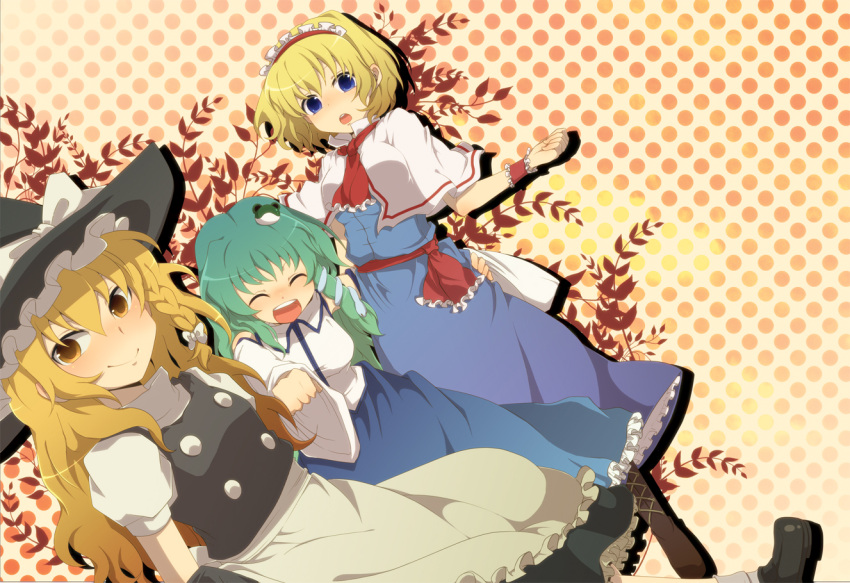 alice_margatroid aoi_(annbi) apron blonde_hair blue_eyes blush boots braid breasts capelet closed_eyes cross-laced_footwear eyes_closed frog green_hair hair_ornament hairband hat kirisame_marisa kochiya_sanae lace-up_boots long_hair multiple_girls short_hair snake touhou witch witch_hat wrist_cuffs yellow_eyes