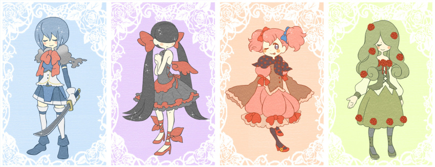 bad_id black_hair blue_eyes blue_hair blush_stickers bow cape charlotte_(madoka_magica) closed_eyes dress eyes_closed flower gertrud_(madoka_magica) gloves green_hair h.n.elly_(kirsten) hair_bow hair_flower hair_ornament hair_over_eyes hair_over_one_eye high_heels highres magical_girl mahou_shoujo_madoka_magica mii@itsutta miki_sayaka personification pink_hair red_rose rose scarf shoes short_twintails skirt sleeves_past_wrists sword thigh-highs thighhighs tongue twintails weapon wings wink