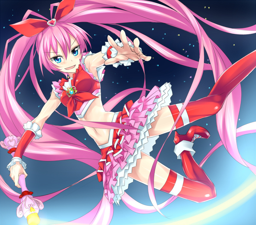 blue_eyes boots cure_melody heart houjou_hibiki keikotsu long_hair magical_girl midriff miracle_belltier navel pink_hair precure skirt solo suite_precure thigh-highs thighhighs twintails very_long_hair