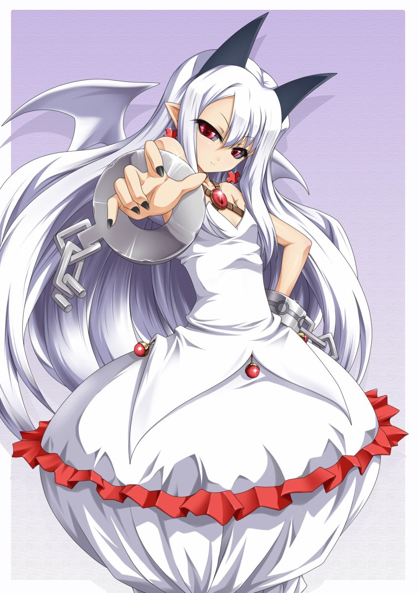 bat_wings bubble_skirt chain chains dress earrings hand_on_hip highres hips horns jewelry long_hair outstretched_hand payot phantom_kingdom pram red_eyes roura smile solo white_hair wings wrist_cuffs