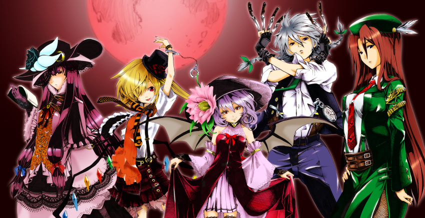 alternate_costume artist_request bare_shoulders bat_wings belt blonde_hair blue_eyes book bow braid breasts crescent cuffs detached_sleeves dress feathers fingerless_gloves fishnet_pantyhose fishnets flandre_scarlet flower frills gloves grey_hair hair_bow handcuffs hat highres hong_meiling i-la izayoi_sakuya knife long_hair moon multiple_girls necktie open_mouth pants pantyhose patchouli_knowledge purple_eyes purple_hair red_eyes red_hair red_moon remilia_scarlet ribbon shirt short_hair side_ponytail skirt skirt_hold smile stopwatch suspenders tagme_(artist) tasoku_hokou_heiki thighhighs touhou twin_braids vest watch wings