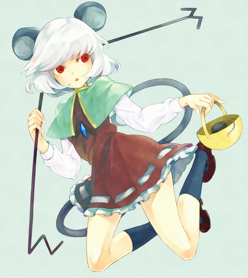 animal_ears basket capelet dowsing_rod highres jewelry mouse mouse_ears mouse_tail nazrin nightk pendant red_eyes short_hair silver_hair simple_background solo tail touhou