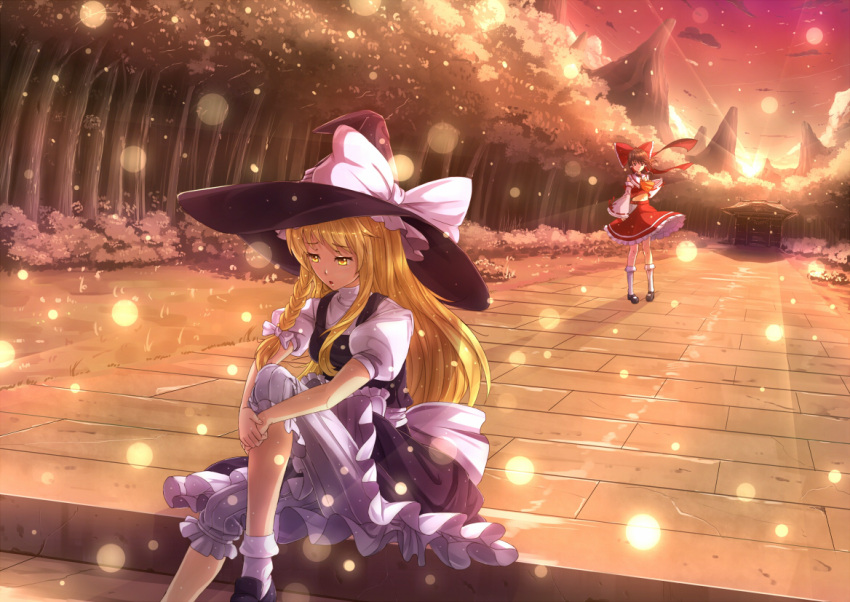 ascot blonde_hair bloomers braid brown_hair detached_sleeves dusk forest hakurei_reimu hat kazeno kirisame_marisa leg_hug long_hair mary_janes midriff multiple_girls nature shoes shrine sitting sitting_on_stairs skirt stairs touhou tree wind witch witch_hat yellow_eyes