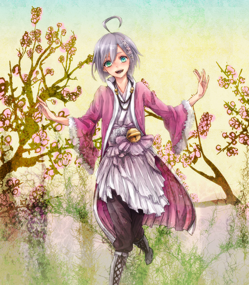 ahoge bell boots cherry_blossoms heterochromia highres male open_mouth pipipiosuke silver_hair solo trap utatane_piko vocaloid wide_sleeves