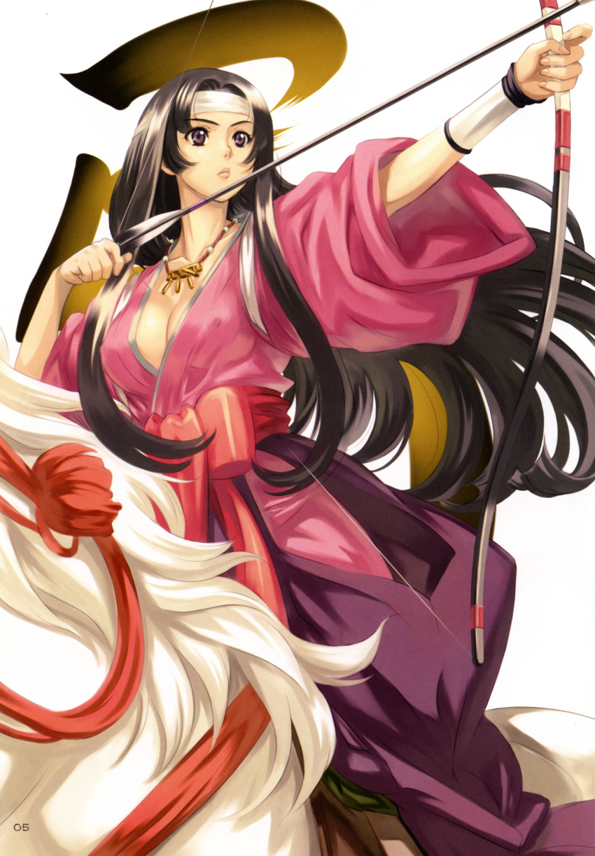 absurdres archery arrow black_hair bow_(weapon) breasts cleavage copyright_request eiwa erect_nipples headband highres japanese_clothes jewelry lips long_hair necklace purple_eyes solo violet_eyes weapon