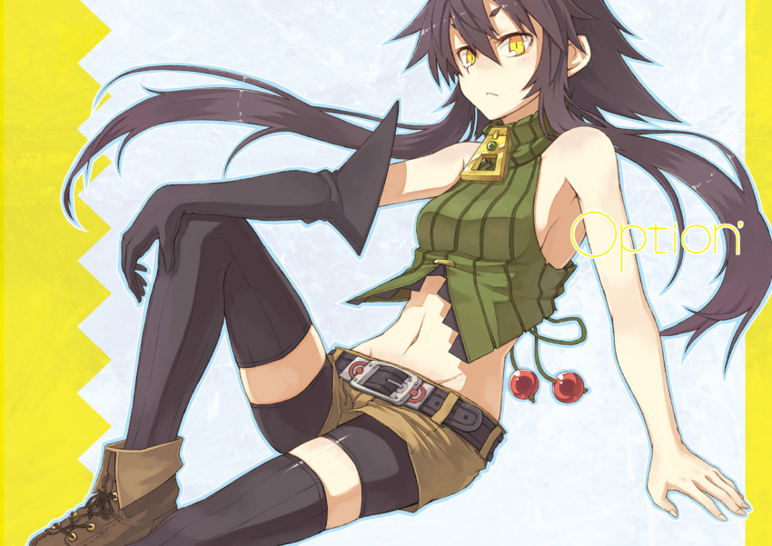 arm_support bare_shoulders belt bike_shorts black_hair black_legwear halterneck highres looking_at_viewer navel nike_(smaaaash) original shenwu_(nike) shorts single_elbow_glove single_glove sitting solo thigh-highs thighhighs yellow_eyes