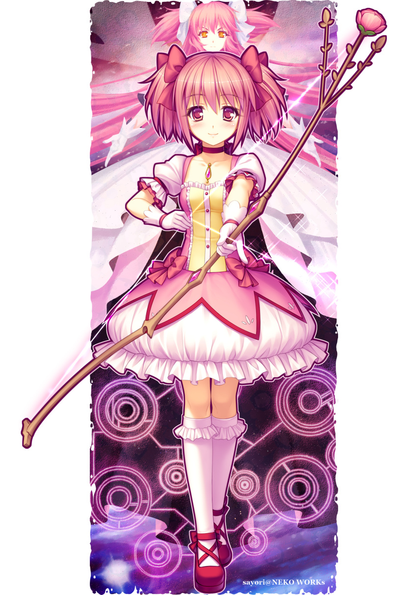 arrow bad_id blush bow_(weapon) choker dual_persona footwear gloves goddess_madoka highres kaname_madoka kneehighs long_hair magical_girl mahou_shoujo_madoka_magica pink_hair puffy_sleeves sayori smile socks space spoilers twintails ultimate_madoka weapon white_gloves white_legwear wings