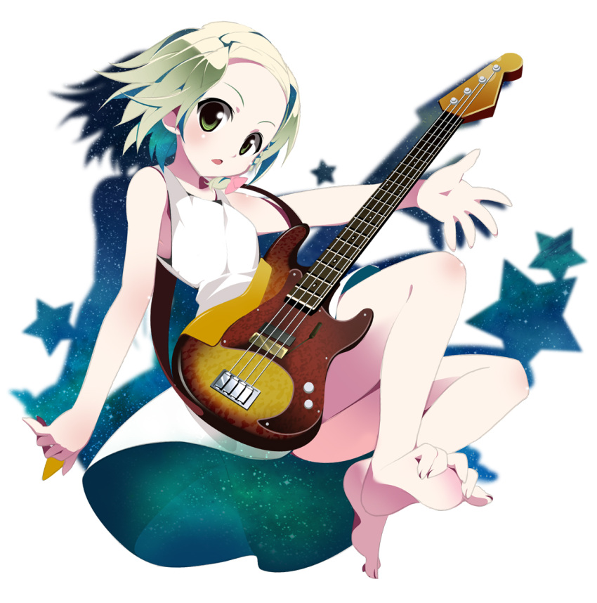 bare_legs bare_shoulders barefoot blonde_hair copyright_request dress electric_guitar feet forehead green_eyes guitar highres instrument shadow short_hair sleeveless solo star sundress tomato_kandume