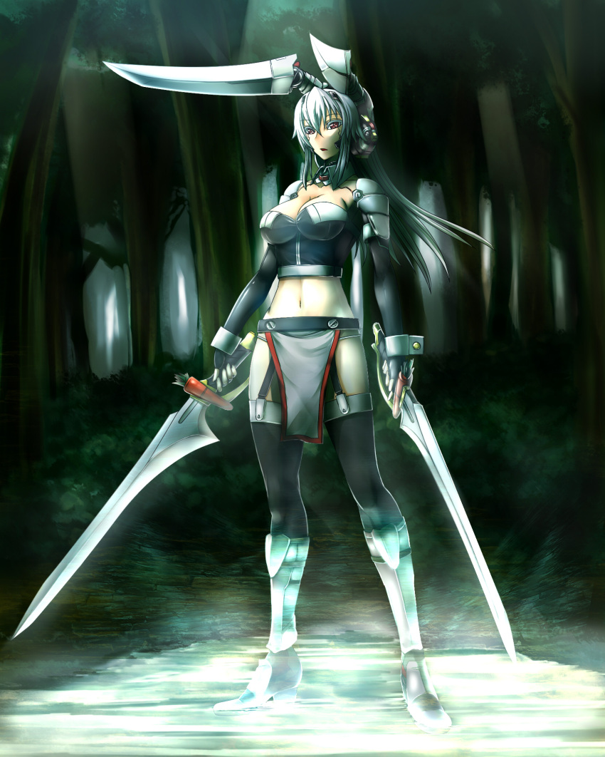 breasts carrot highres loincloth midriff navel original red_eyes robot_ears solo sorono_wa_soro sword thigh-highs thighhighs weapon white_hair