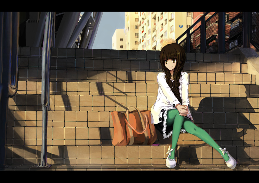 braid brown_eyes brown_hair casual cellphone green_legwear hanasaku_iroha hands_clasped hands_together legs letterboxed linsert long_hair oshimizu_nako pantyhose phone scenery sitting skirt smile solo stairs sweater twin_braids