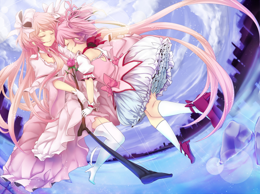 2girls bow closed_eyes eyes_closed gloves goddess_madoka kaname_madoka long_hair magical_girl mahou_shoujo_madoka_magica multiple_girls pink_hair ribbon short_hair smile spoilers ultimate_madoka white_gloves