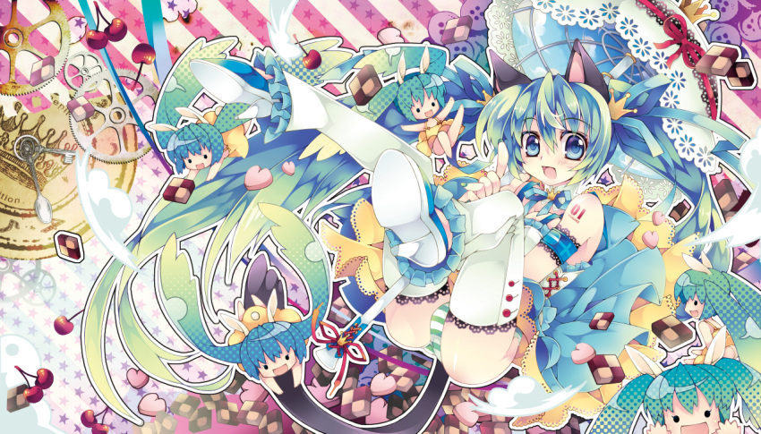 animal_ears armband bare_shoulders blue_eyes blue_hair cat_ears cat_tail checkerboard_cookie cherry chibi clock clone cookie crown food fruit gears hatsune_miku heart high_heels kemonomimi_mode long_hair open_mouth panties pointing ribbon sana.c shoes smile star striped striped_panties tail thigh-highs thighhighs twintails umbrella underwear vocaloid