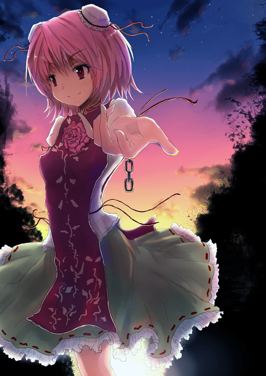 bad_id bad_perspective bun_cover chain chains chinese_clothes double_bun foreshortening highres ibara_kasen ibaraki_kasen linsert looking_away outstretched_arm outstretched_hand pink_eyes pink_hair short_hair skirt smile solo tabard touhou