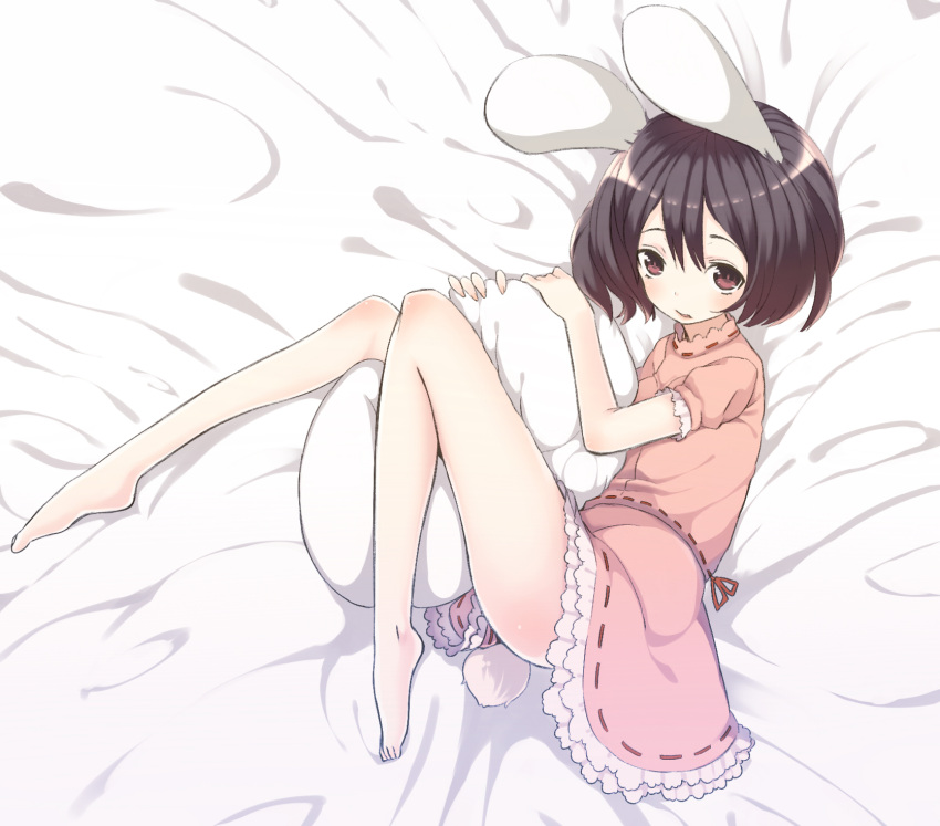 animal_ears bare_legs barefoot bed_sheet black_hair brown_hair bunny_ears bunny_tail dress feet fetal_position highres inaba_tewi legs lying on_side pillow pokachu red_eyes solo tail touhou