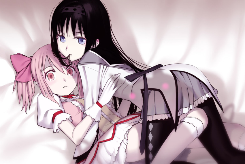 akemi_homura argyle argyle_legwear black_hair blue_eyes bow caught dress frills girl_on_top gloves hair_in_mouth hairband headband kaname_madoka kyubey long_hair looking_back lying magical_girl mahou_shoujo_madoka_magica multiple_girls on_back pantyhose pink_eyes pink_hair sakamoto_mineji short_hair short_twintails skirt surprised twintails walk-in white_gloves yuri