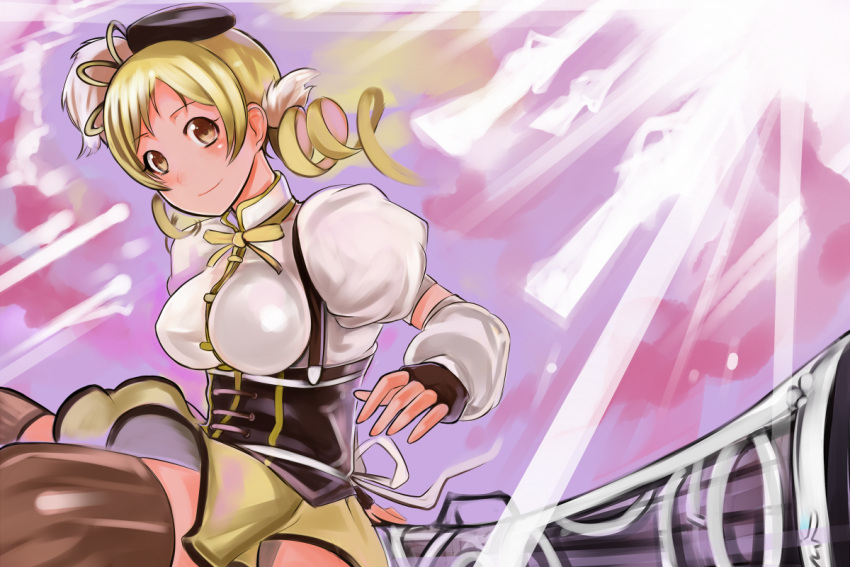 artist_request beret blonde_hair corset detached_sleeves drill_hair hat mahou_shoujo_madoka_magica skirt smile source_request thigh-highs tomoe_mami yellow_eyes