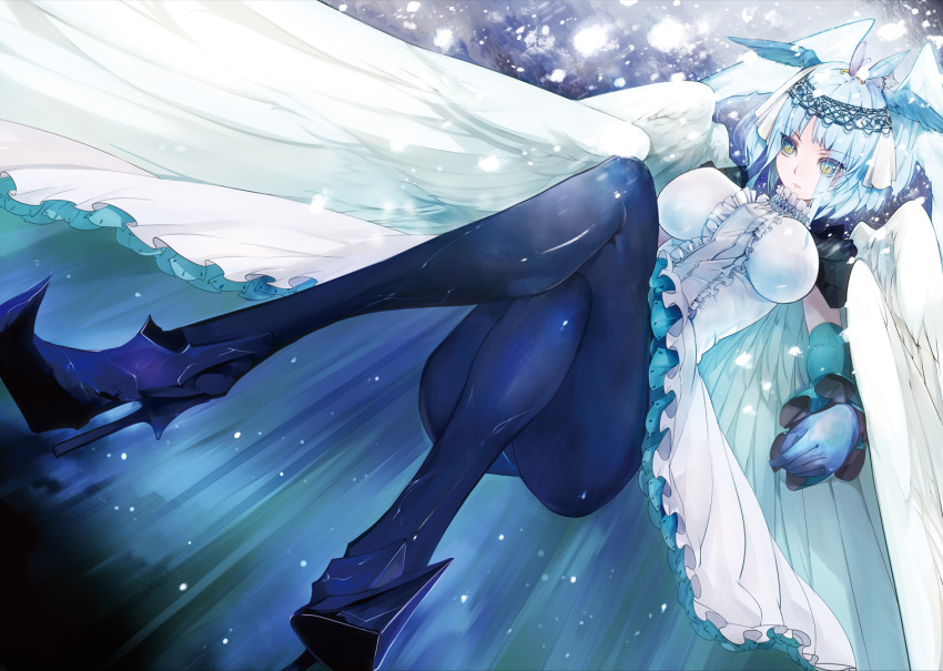 angel_wings blue blue_eyes blue_hair breasts crossed_legs dutch_angle from_below gloves head_wings headdress high_heels large_breasts large_wings legs legs_crossed multicolored_eyes multiple_wings original pantyhose pupps shoes short_hair sitting solo the_snow_queen the_snow_queen_(character) thighs wings