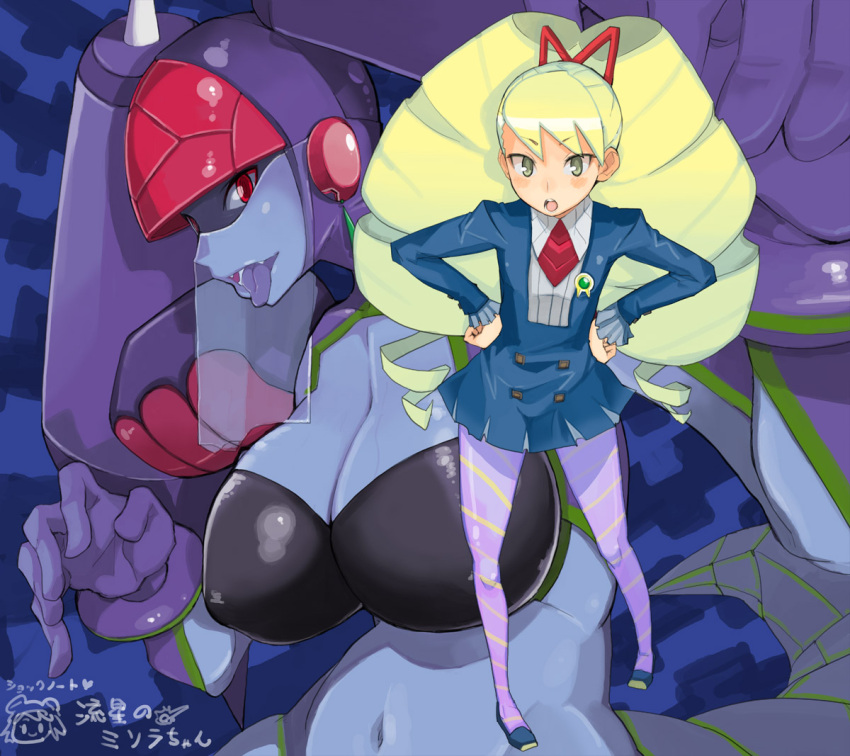 blonde_hair blue_skin breasts capcom character_request cleavage drill_hair gloves hands_on_hips long_hair navel ophiuchus_queen pantyhose queen_ophiuca red_eyes rockman ryuusei_no_rockman school_uniform shirogane_luna skirt striped striped_legwear tail teriyaki tongue twin_drills yellow_eyes